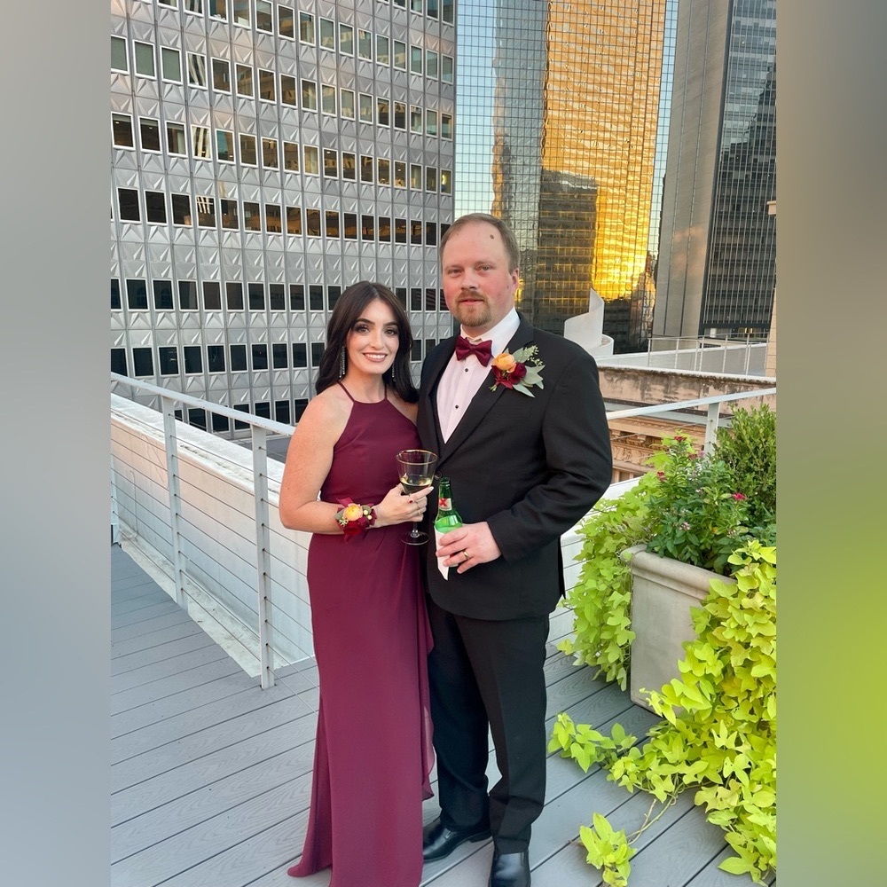 High Neck Chiffon Bridesmaid Dress with Cascade - David's Bridal - Size 2 - Wine